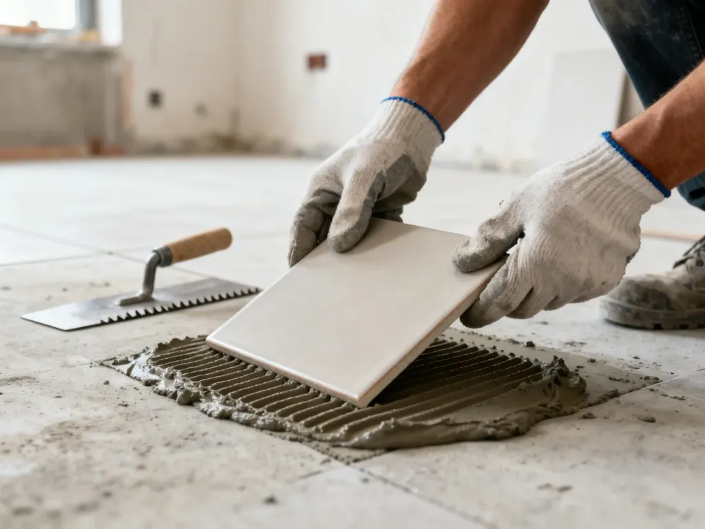 Dłonie w rękawicach układają płytkę ceramiczną na świeżej zaprawie, obok leży paca zębata.